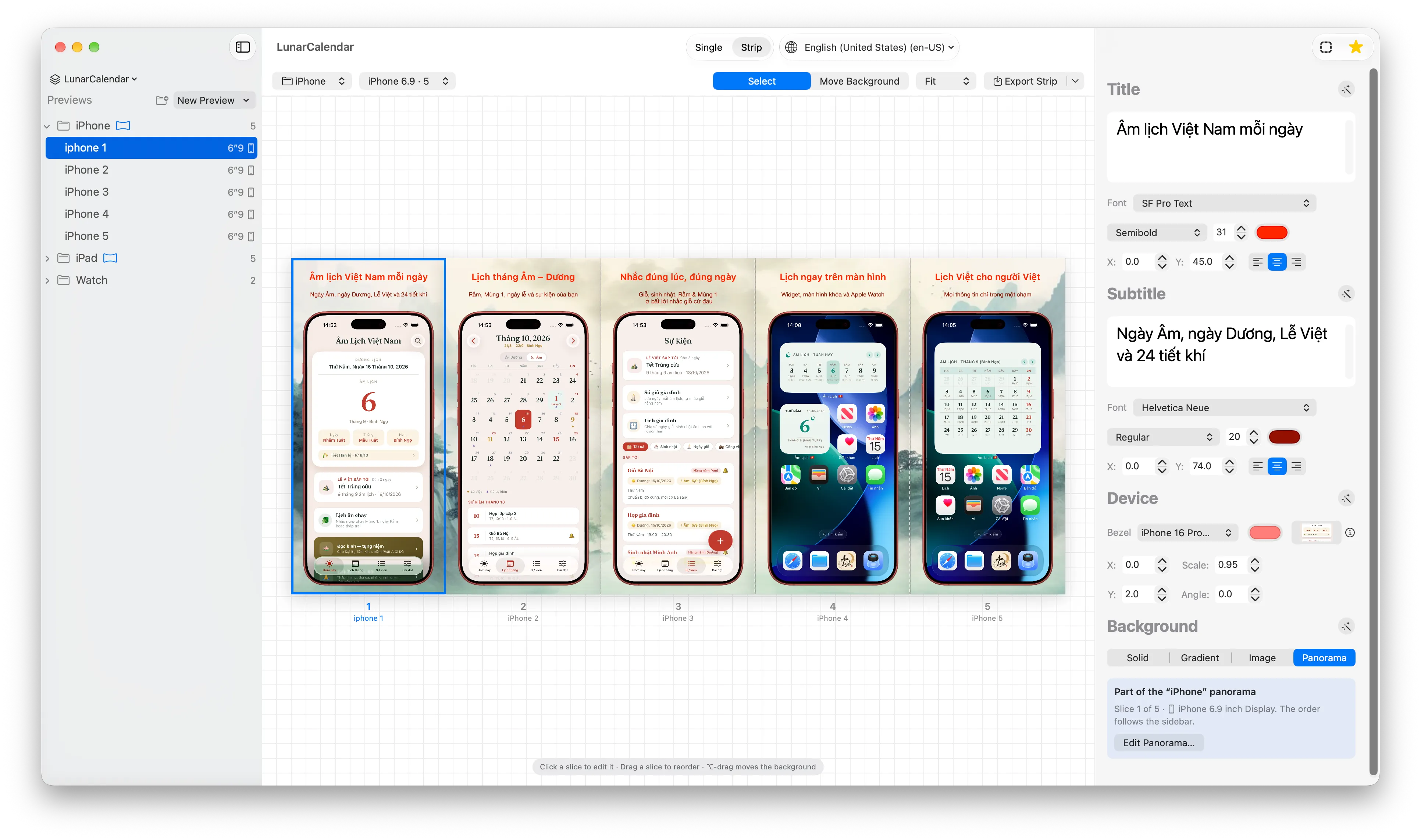 The AppShot window: the list of screenshots on the left, five iPhone screenshots joined into one panorama strip in the middle, and the title, subtitle, device and panorama background controls on the right.